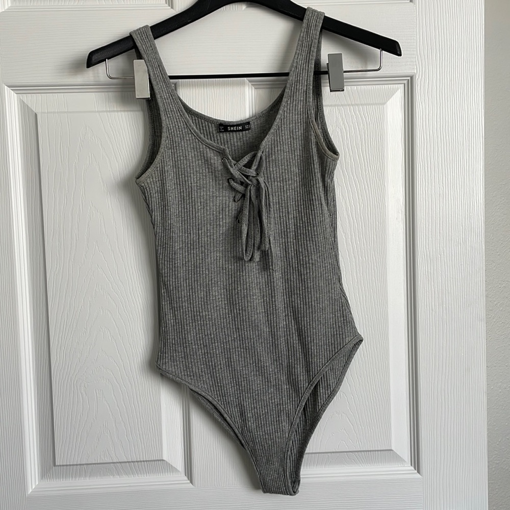 Stretchy Ribbed Grey Lace Front Sleeveless Tank Bodysuit with 3 Snap Bottom
